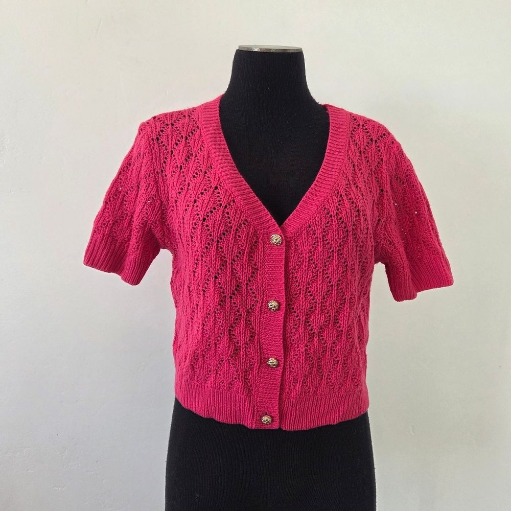 Knit Mix Hot Pink Magenta Sweater Cardigan Short Sleeve Loose Knit Kawaii Small